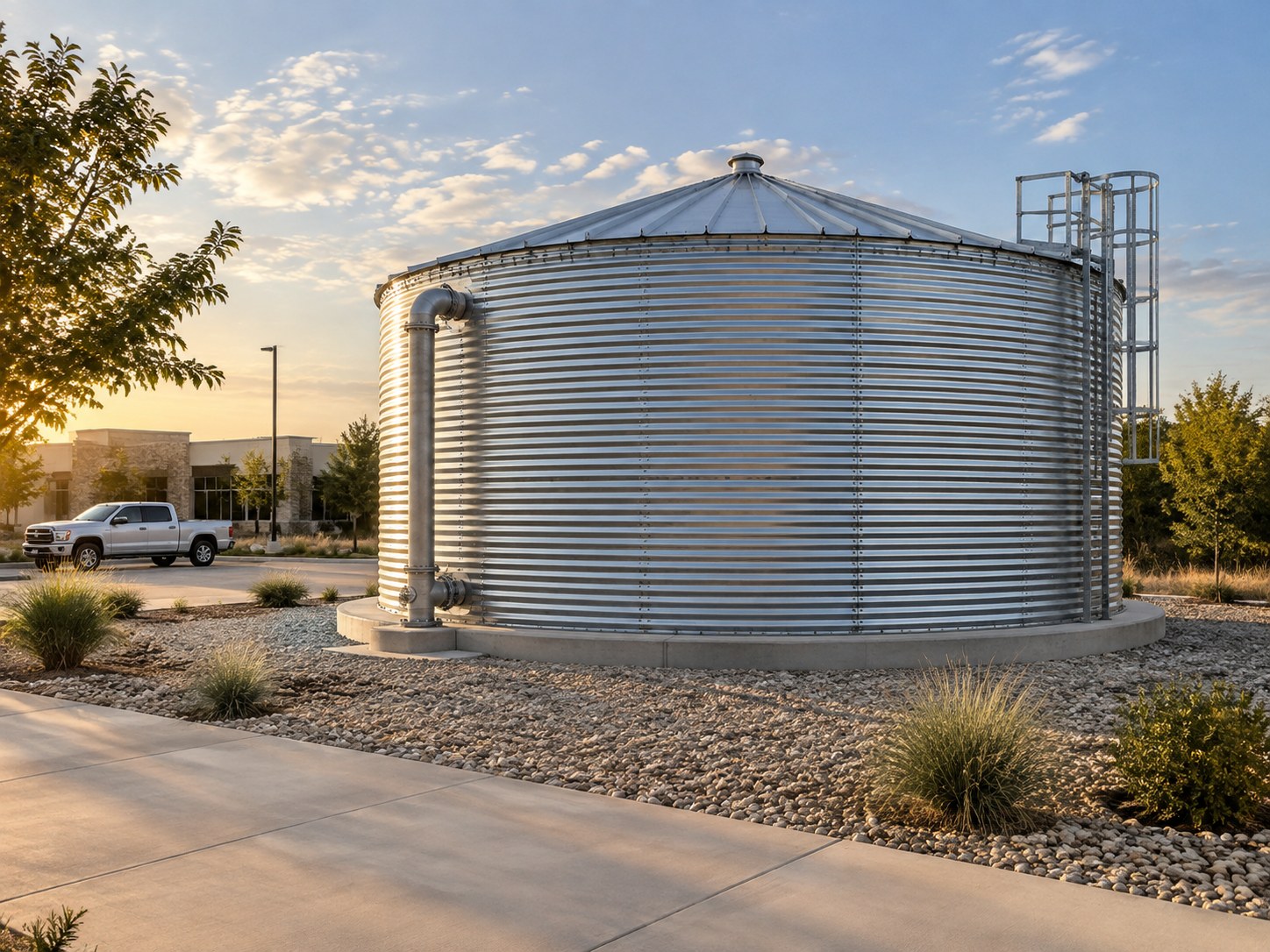 Concept illustration of a large corrugated steel cistern at ground level